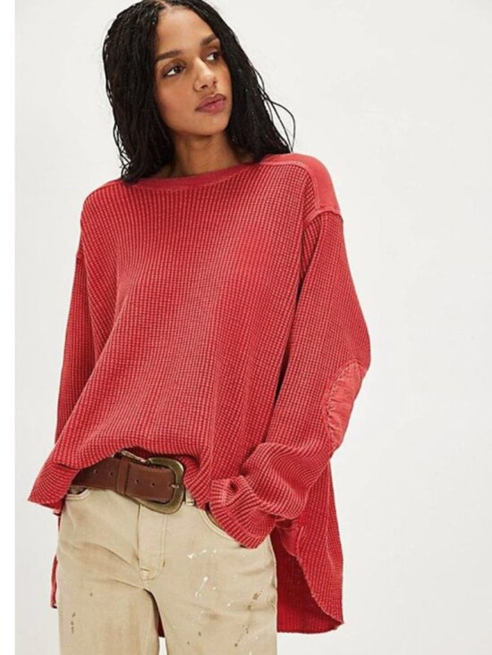 Free People Tops - Free People One red Blake boxy cut thermal waffle knit long sleeve XS